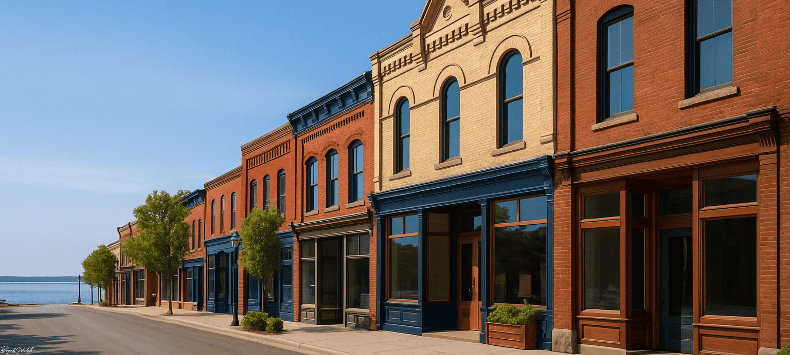 Downtown Suttons Bay commercial storefronts along Lake Michigan with “for lease” signage.