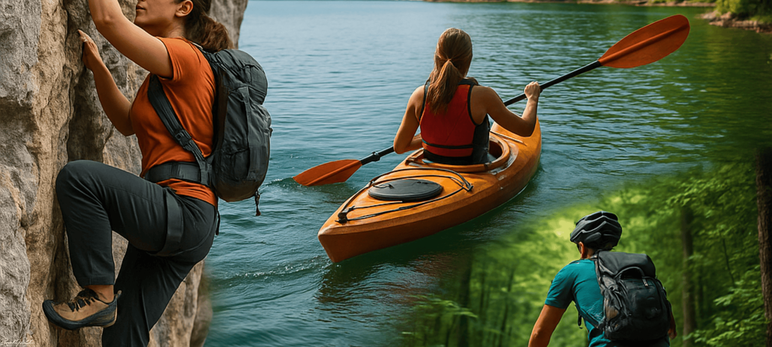 Hiker climbing a rock face, kayaker on Lake Charlevoix, and cyclist on a forest trail in the Boyne Area.