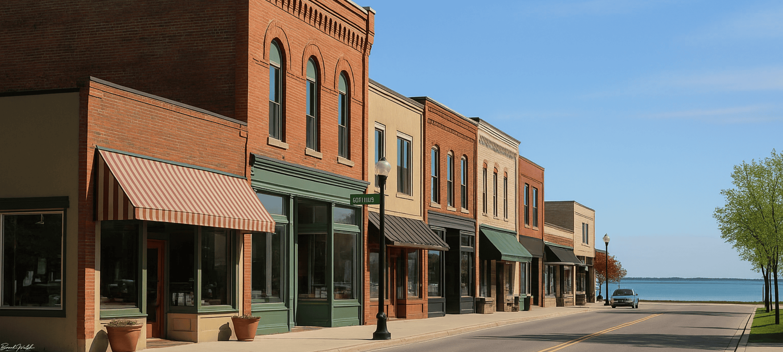 Downtown Tawas City, MI commercial buildings along East Bay Street with storefronts and lakeview backdrop.