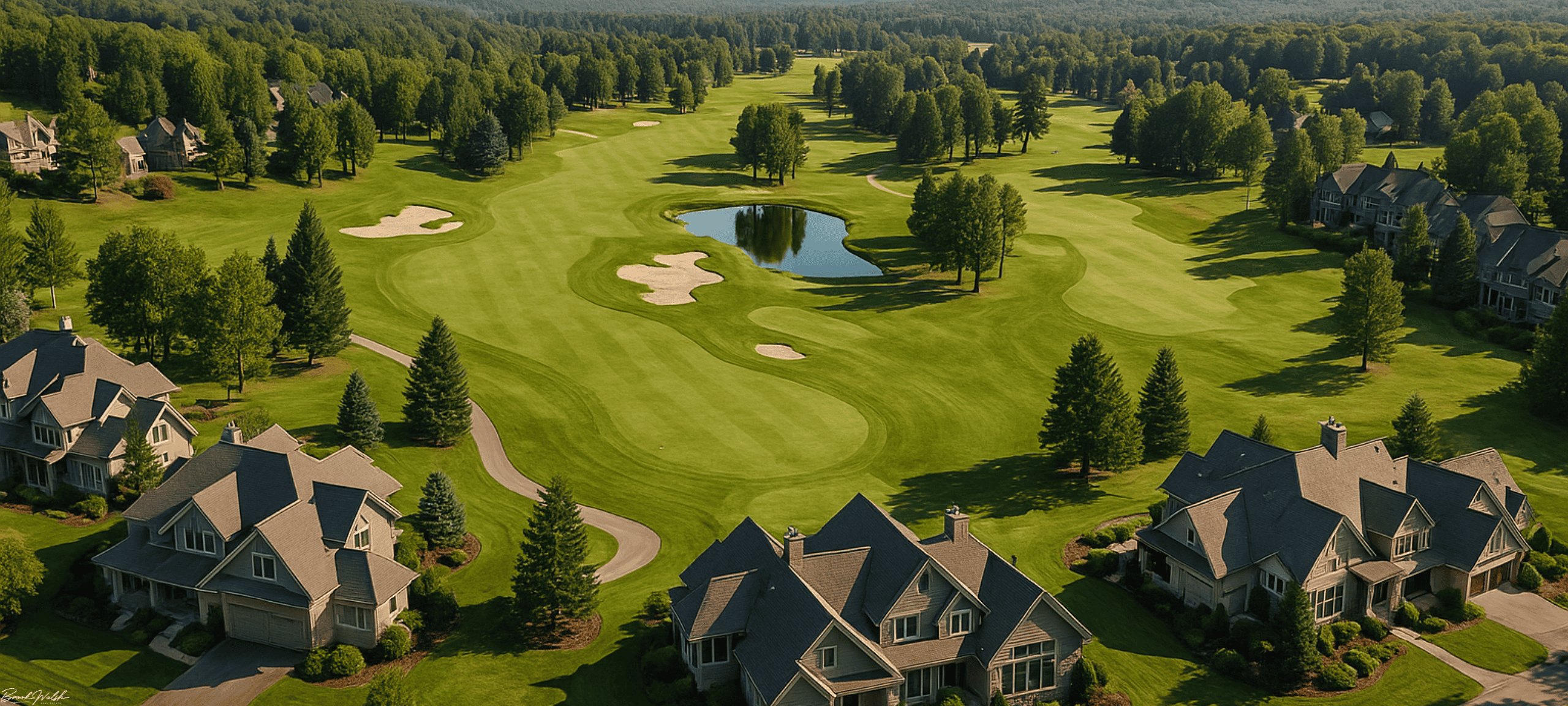 Aerial view of luxury golf homes at The Highlands at Harbor Springs, surrounded by green fairway