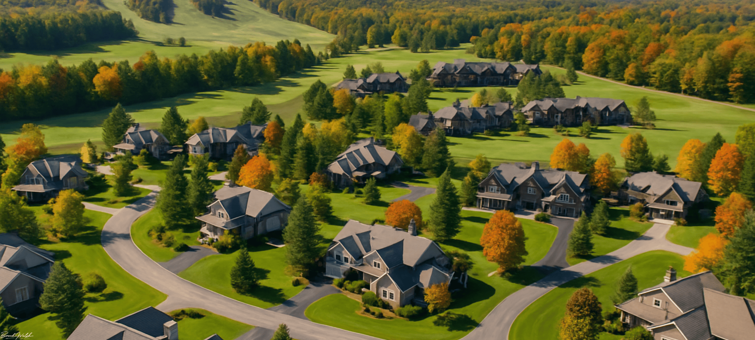 Aerial view of The Highlands at Harbor Springs Resort homes surrounded by lush greenery