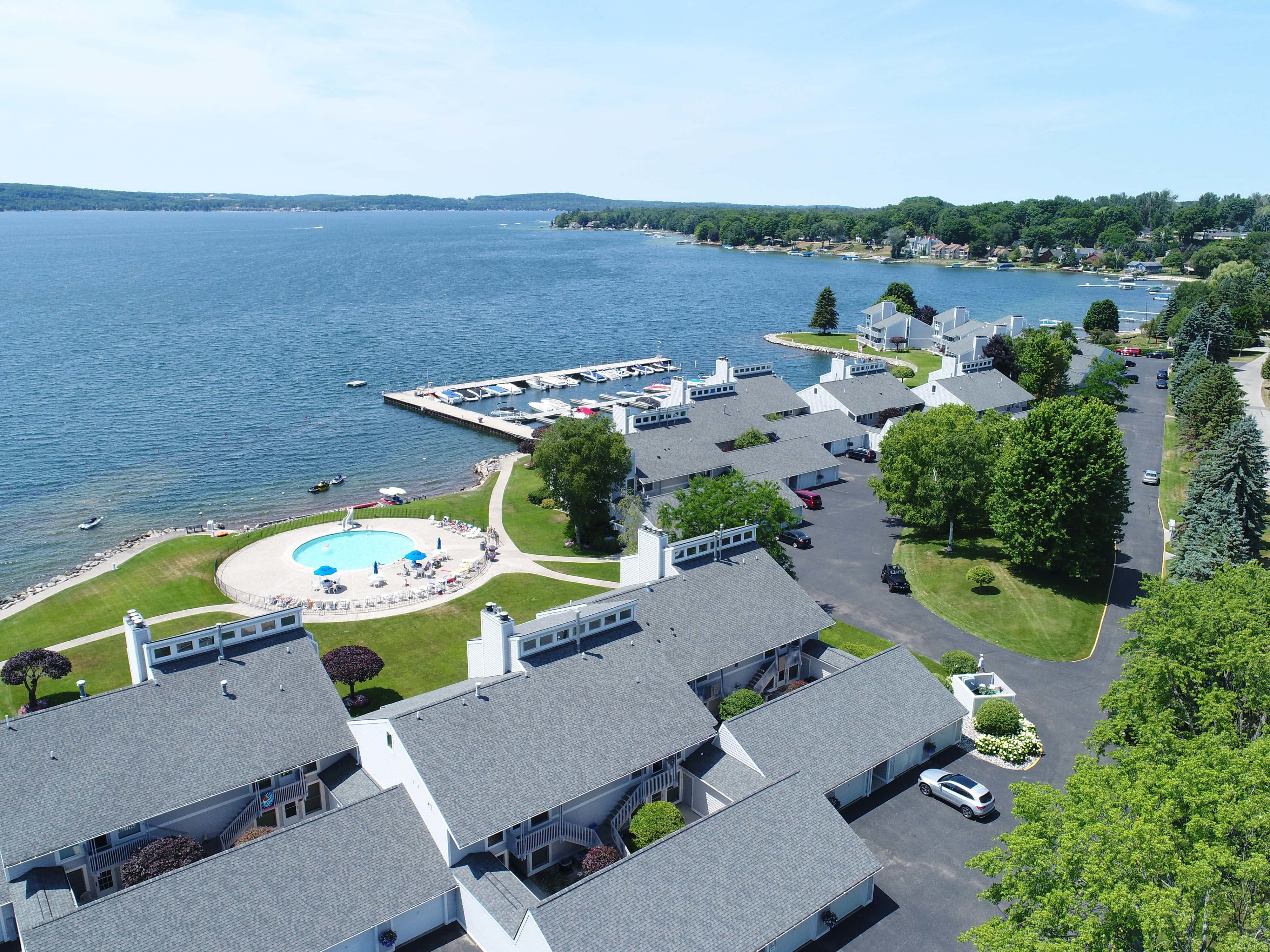 The Landings condominiums by Lake Charlevoix in Boyne City, MI.