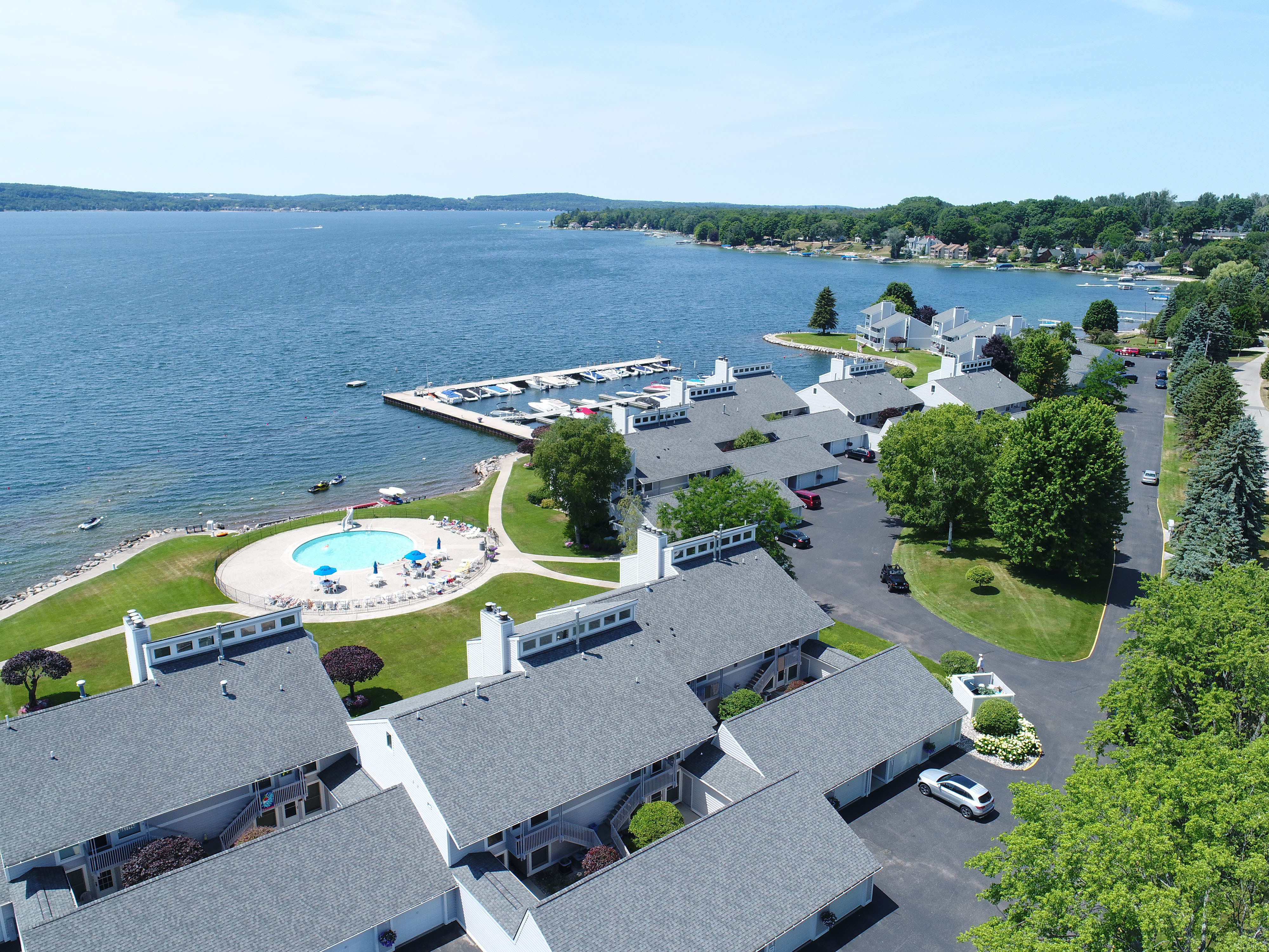 The Landings condominiums are located on the southeast shore of Lake Charlevoix in Boyne City, Michigan.
