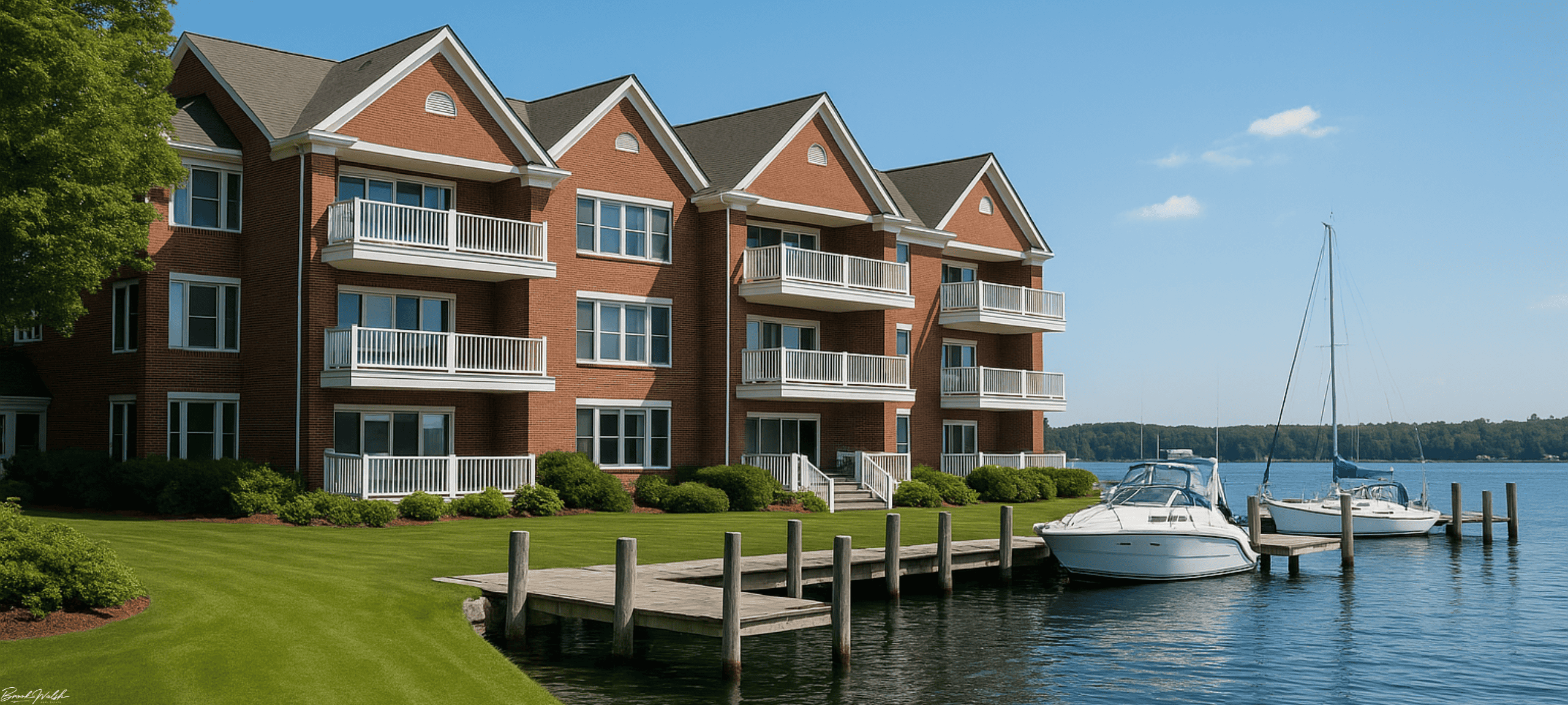 Waterfront condos at The Wharf in Charlevoix, MI with marina and lake views