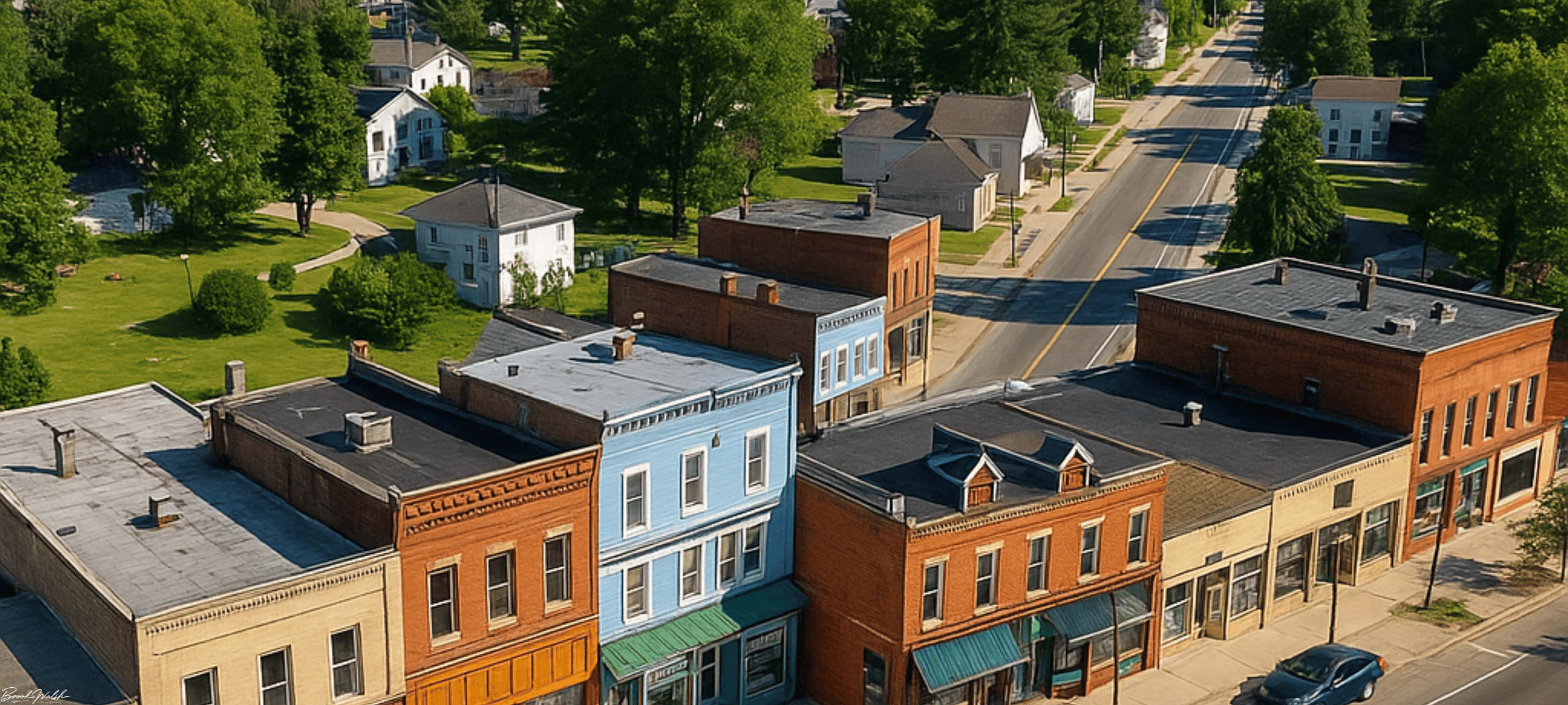 Aerial view of downtown Thompsonville, MI commercial storefronts along Main Street