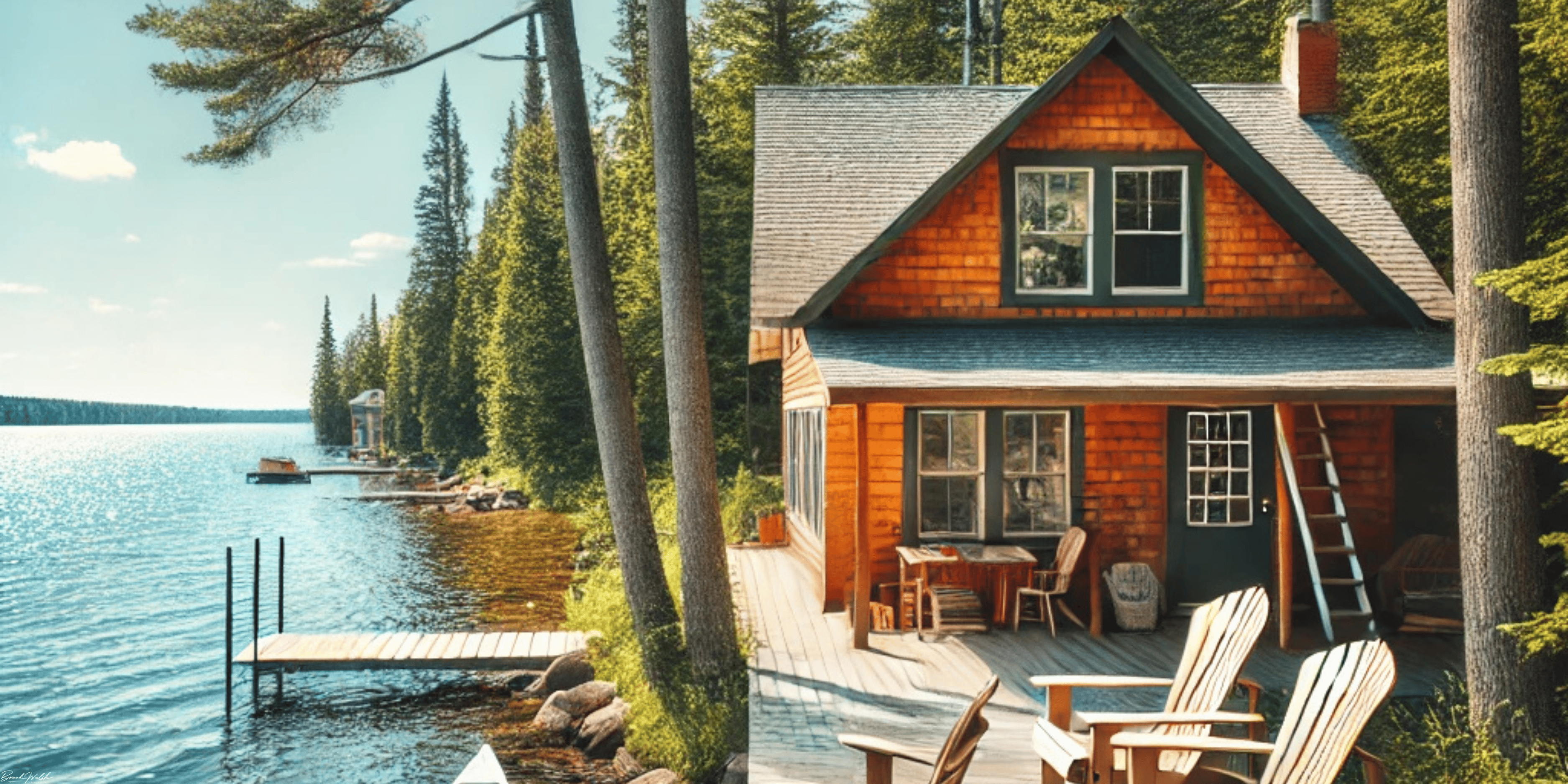 Cozy lakefront log cabin surrounded by trees in Northern Michigan during autumn