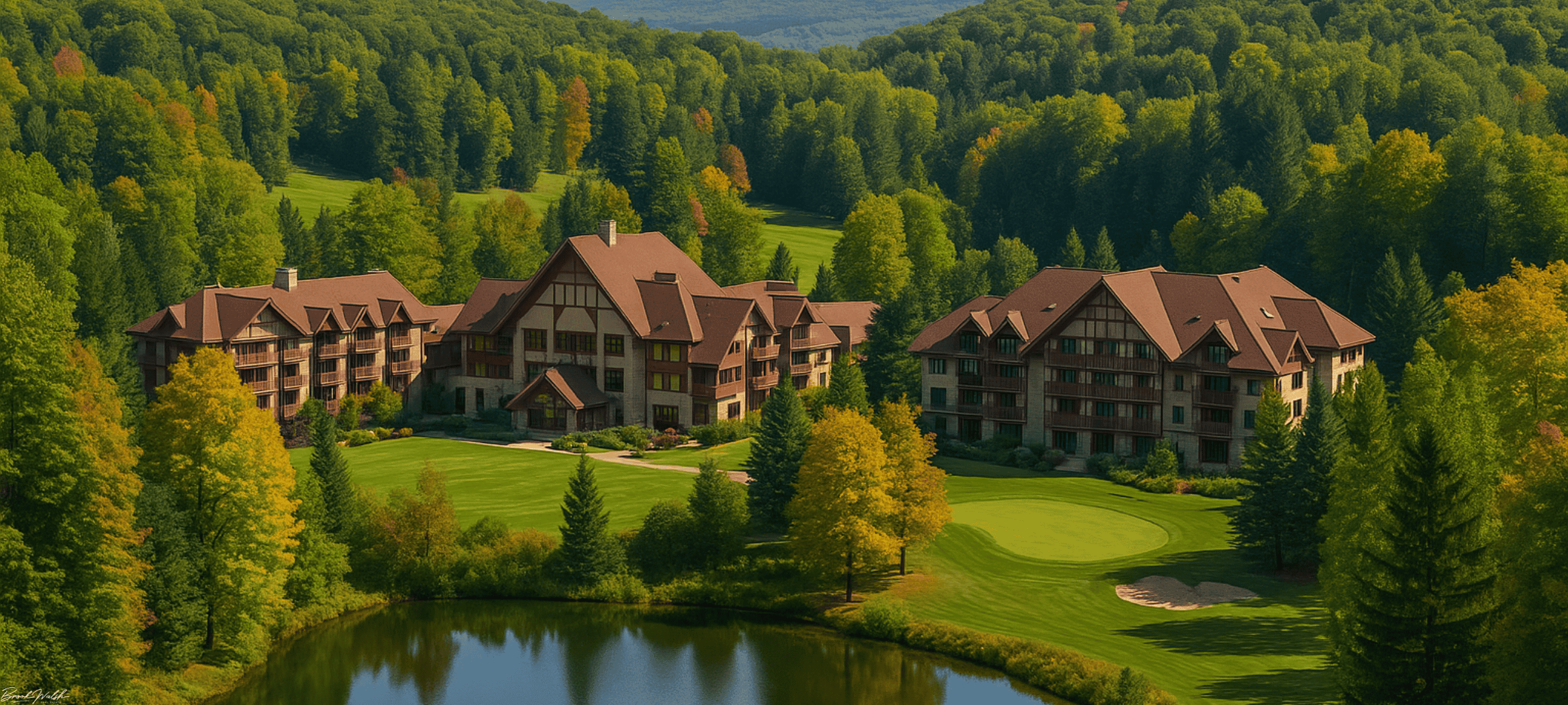 Scenic view of Gaylord Resorts surrounded by lush forests in Northern Michigan