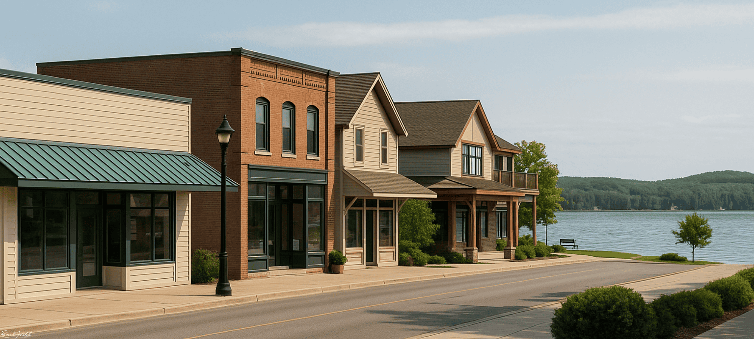 Lakeside commercial buildings and storefronts in Topinabee, Michigan with Mullett Lake views