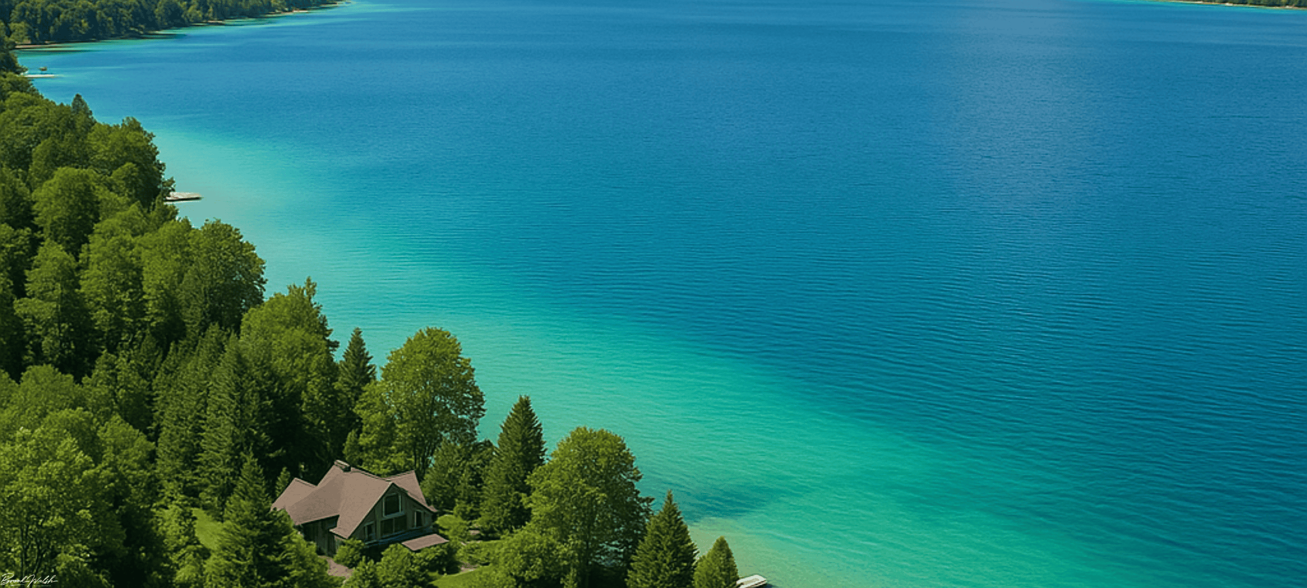 Scenic view of Torch Lake, Michigan, highlighting land lover homes nestled amid lush greenery and crystal-clear water.
