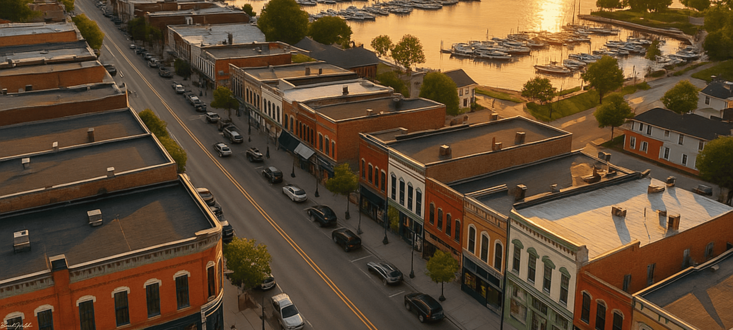 Downtown Traverse City commercial buildings with waterfront views