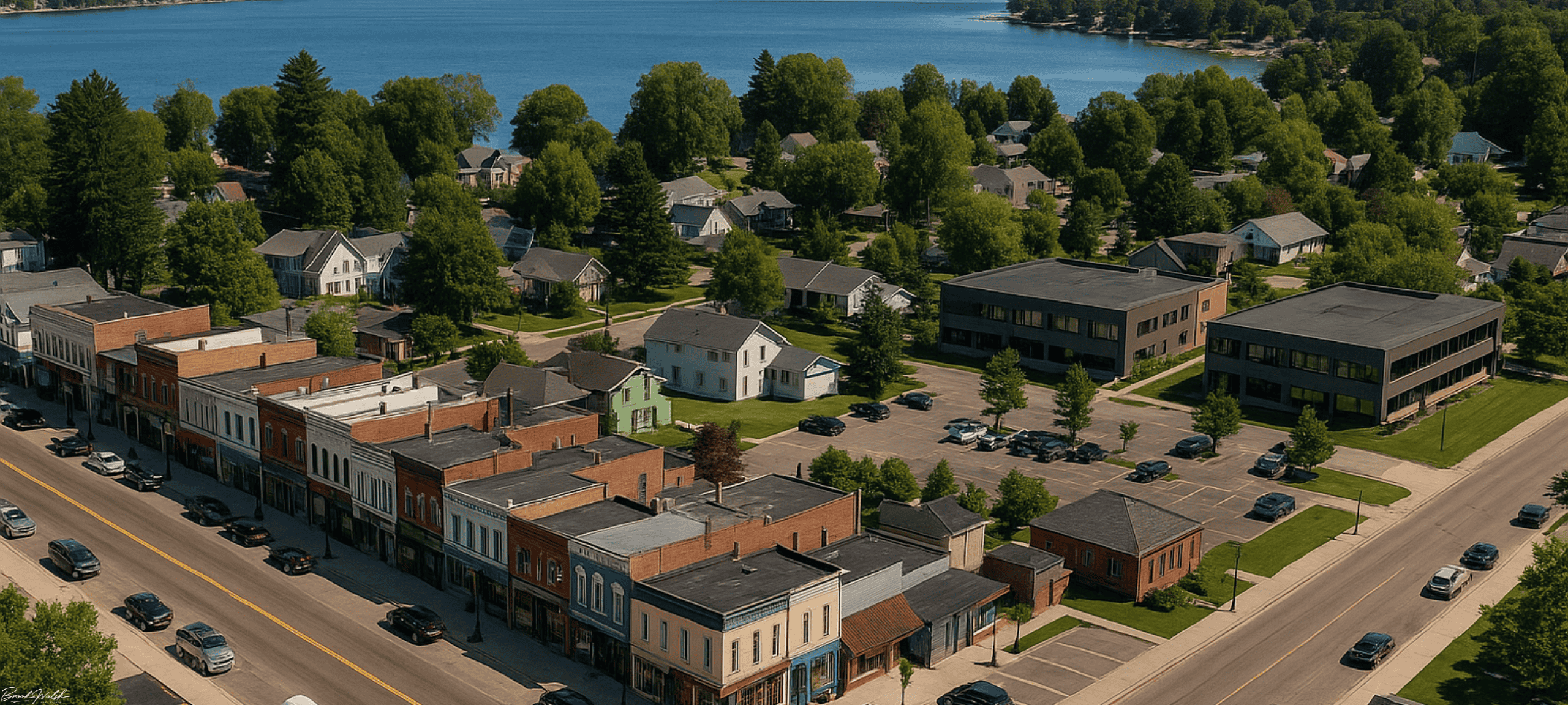 Aerial view of Vanderbilt, MI commercial district showcasing retail storefronts, offices, and lakeside scenery.