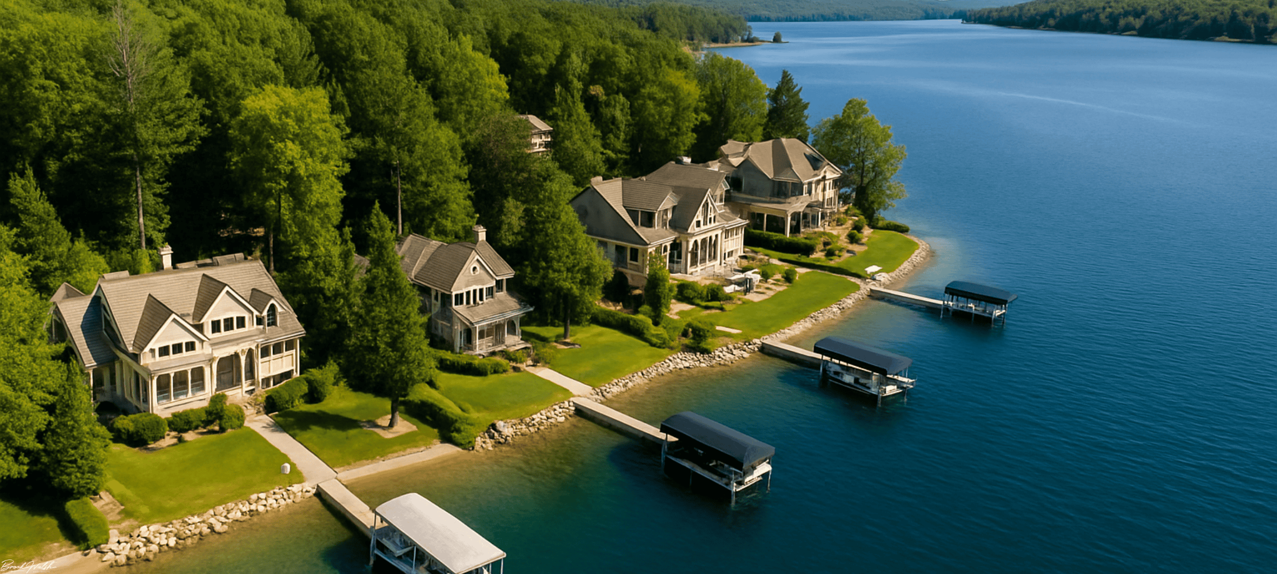 Aerial view of luxury waterfront homes on Walloon Lake, Michigan