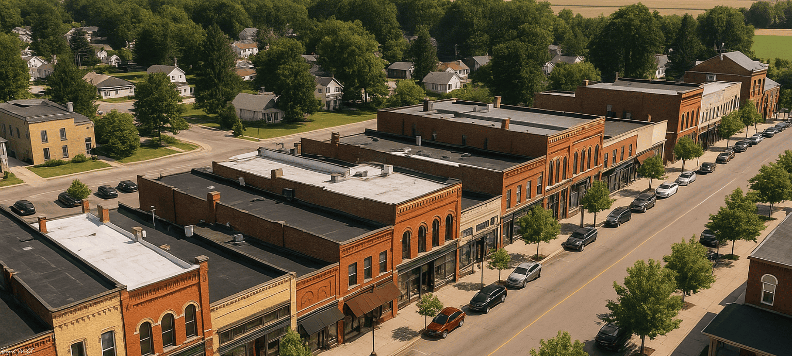 Aerial view of commercial buildings and storefronts in downtown Williamsburg, Michigan