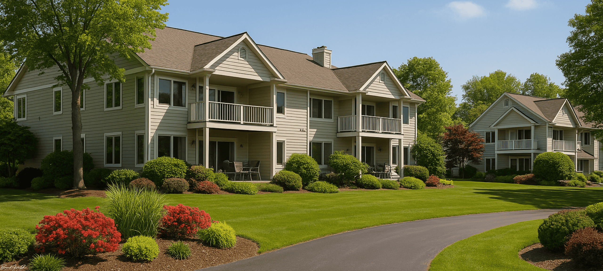 Exterior view of Winward Condominiums in Harbor Springs, MI with lush landscaping