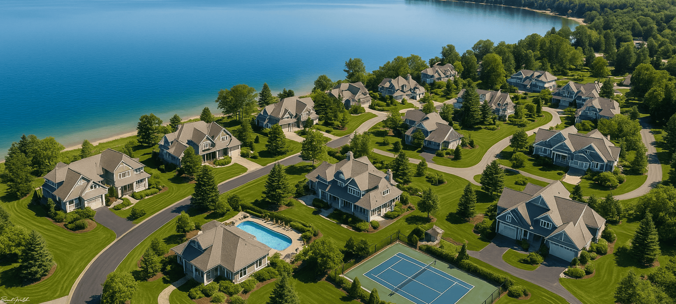Aerial view of Windward Resort homes in Harbor Springs, MI with lake and luxury amenities